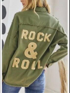 DAVI & DANI Oversized Olive Green Frayed Rock & Roll  Utility Jacket with Snaps.